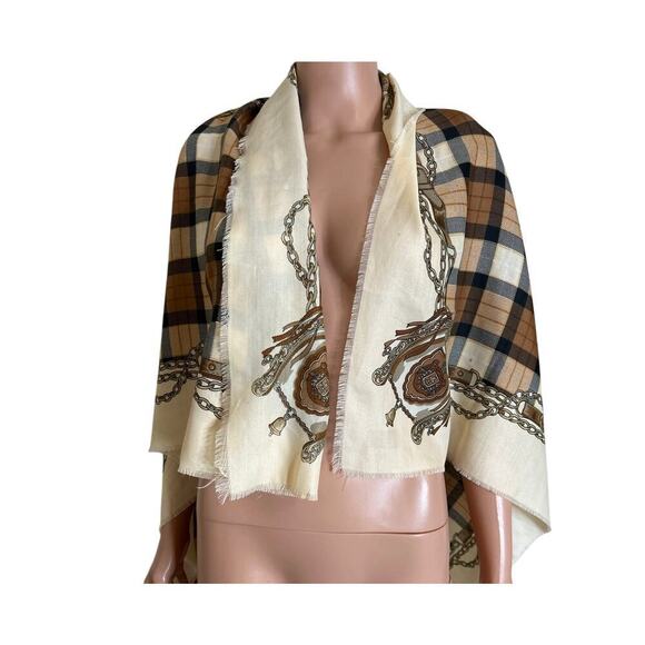 Women's large blanket scarf raw hem beige/tan/brown chain detail scrolling - Picture 2 of 8